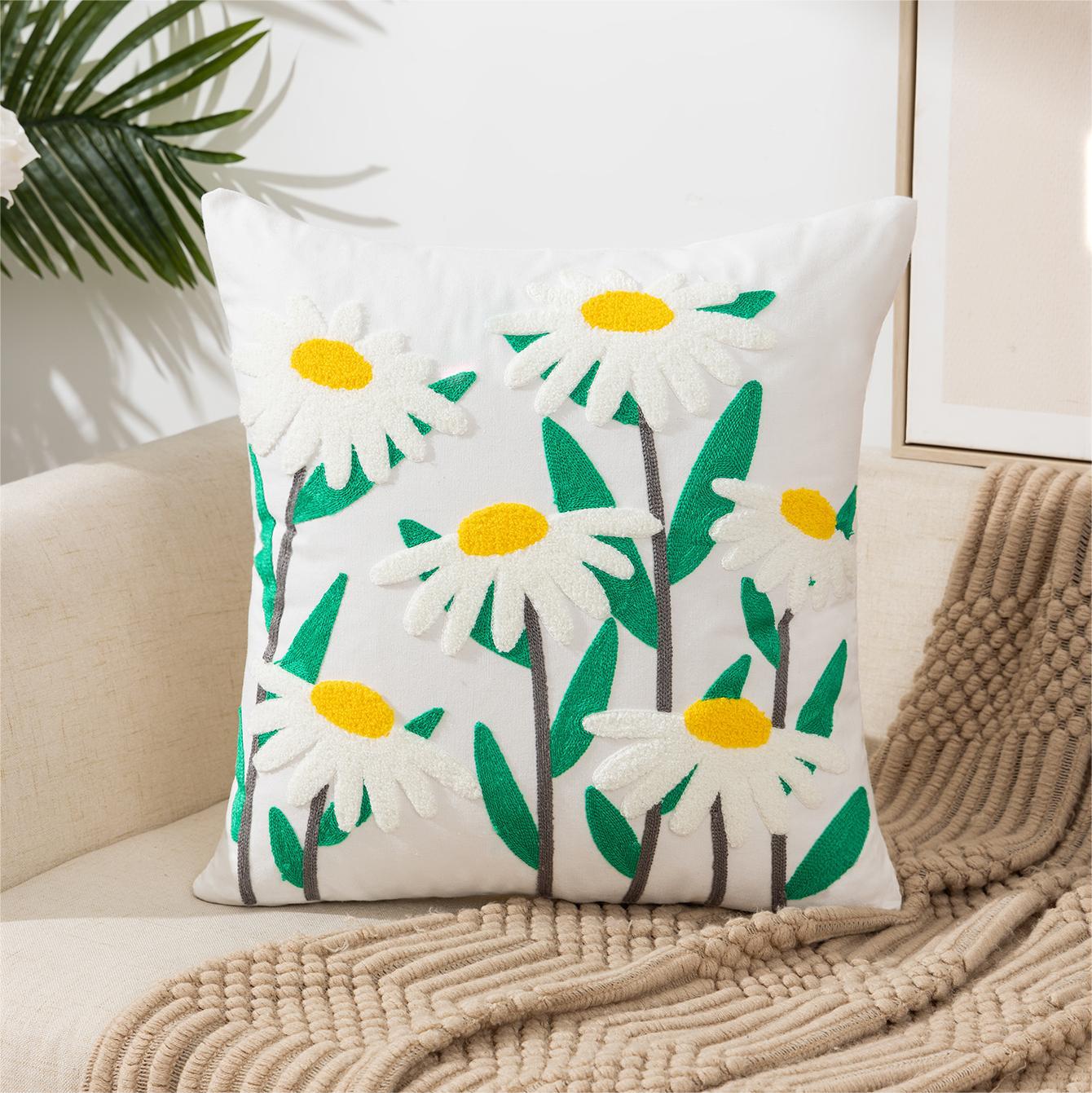 Embroidered Flower Plant Pillow
